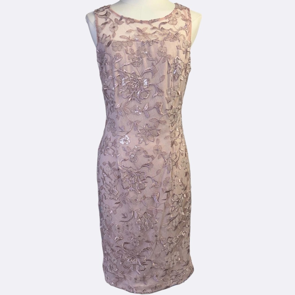 Alex Evenings Dress Womens 4 Pink Lace Floral Sequin Sheath Knee Length Cocktail